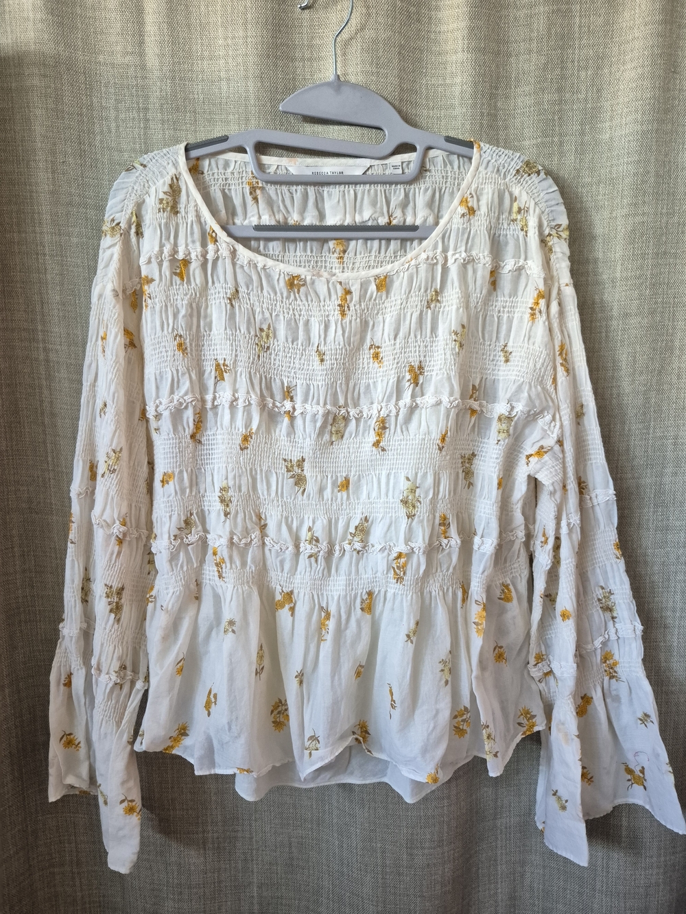 Rebecca Taylor White Floral Smocked Long-Sleeve Women's Top - L
